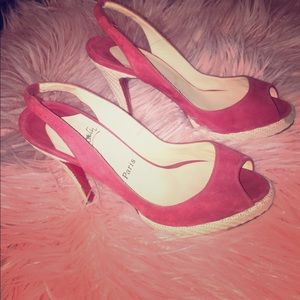 Christian Louboutin Red sued peep toe pumps